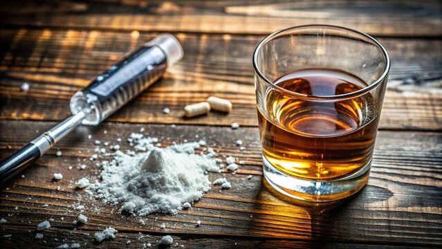 High angle view of drug abuse with cocaine addiction and alcohol consumption, representing health dangers