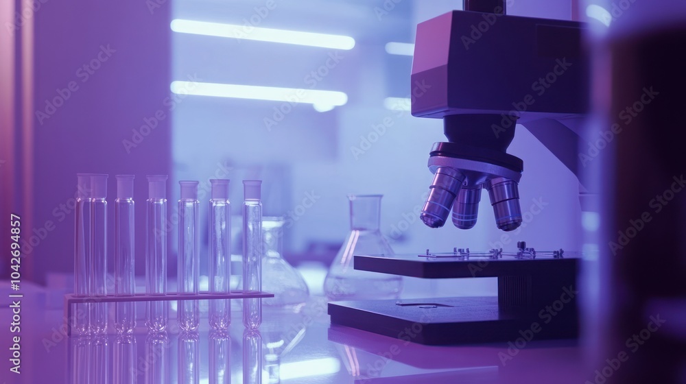 Poster a close-up of a microscope with test tubes and a beaker on a lab table illuminated in purple and blu