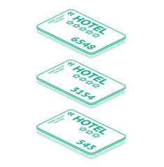 Isometric plastic hotel key card. Electronic system for lock and unlock door. Outline objects.