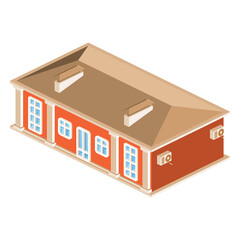 Isometric red building with multiple windows, door and a brown roof. City architecture. Real estate.