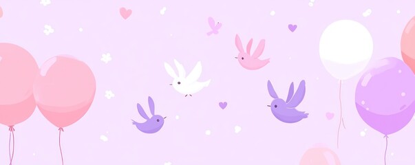 A whimsical illustration featuring pastel balloons and cute birds on a soft pink background.