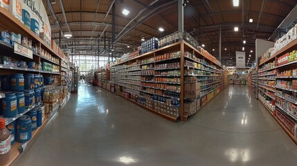 A wide shot of a grocery store aisle with shelves stocked with canned goods and other products.