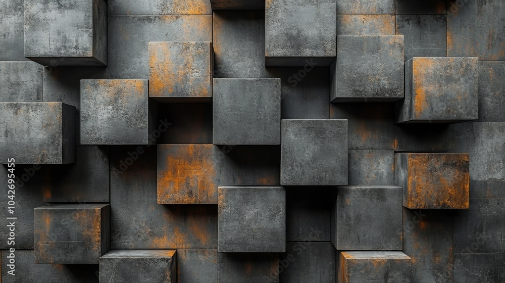 Poster a textured gray wall showcases an arrangement of concrete cubes in different sizes, creating a strik