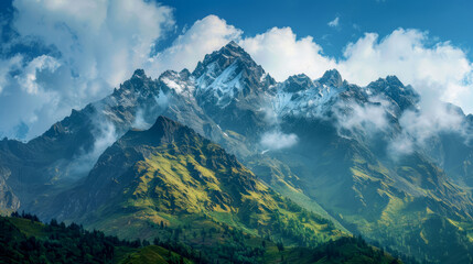 Fototapeta premium Snow-capped mountain peaks piercing through clouds under a vibrant blue sky