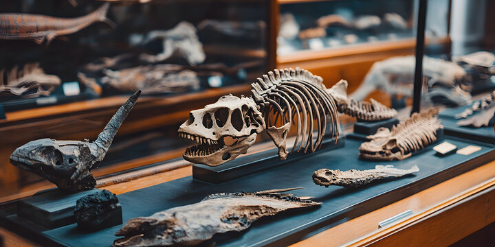 Diverse Fossilized Skeletons in Museum Display