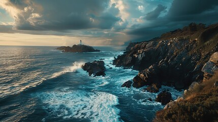 Fototapeta premium Scenic Seaside Cliff with Distant Lighthouse View