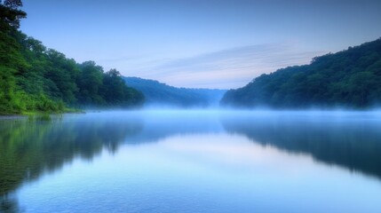 Misty morning over a still lake with green trees on both sides.