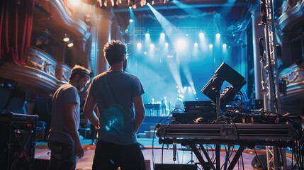 Stage Crew Prepares for Event with Lighting Setup