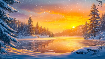 Naklejka premium A painting of a snowy landscape with a lake in the middle of it