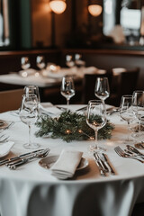 An elegant dinner setting features round tables adorned with white linens, floral arrangements, and sparkling lights, creating a festive and Christmas 
atmosphere