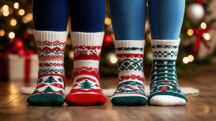 Cozy holiday socks in festive patterns create warm atmosphere, perfect for family gatherings during Christmas season