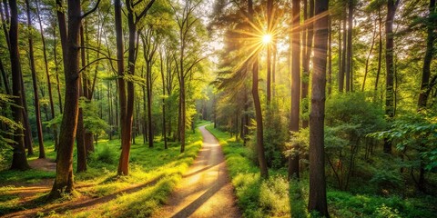 Obraz premium High angle view of forest path surrounded by trees with sun shining through, showcasing the beauty of nature