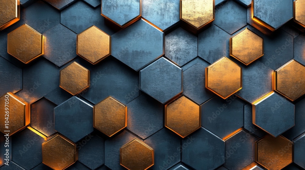 Aufkleber a striking wall composed of interlocking hexagonal shapes in metal, featuring a blend of dark and sh
