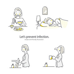 感染症の予防をする女性　シンプルでお洒落な線画イラスト