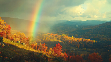 A magical view of a rainbow appearing over the autumn hills after a gentle rain, symbolizing hope and beauty.