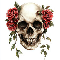 A detailed illustration of a skull adorned with crimson roses and green leaves on a white background