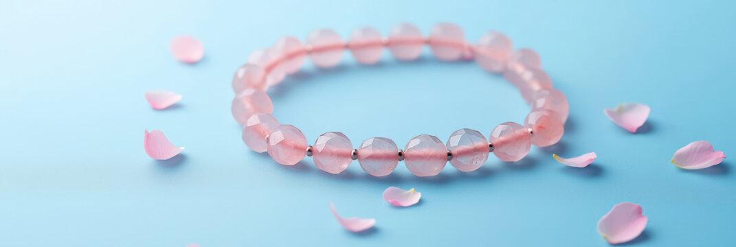 Elegant Pink Gemstone Bracelet Surrounded by Delicate Petals on a Soft Blue Background, Perfect for Showcasing Jewelry Designs or Fashion Accessories in Marketing Campaigns