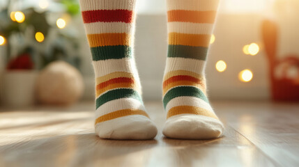 Cozy morning vibes with feet in colorful striped socks on wooden floor, surrounded by soft light and warm atmosphere. Perfect for relaxation and comfort