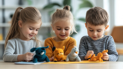 Fototapeta premium Kids playing with plush toys, engaging in imaginative play and creativity. They are focused and happy, showcasing joyful moment of childhood exploration