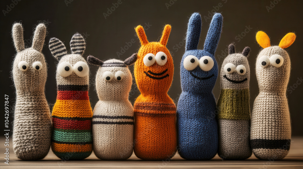 Poster playful sock puppet characters in various colors and designs, showcasing creativity and fun. these c