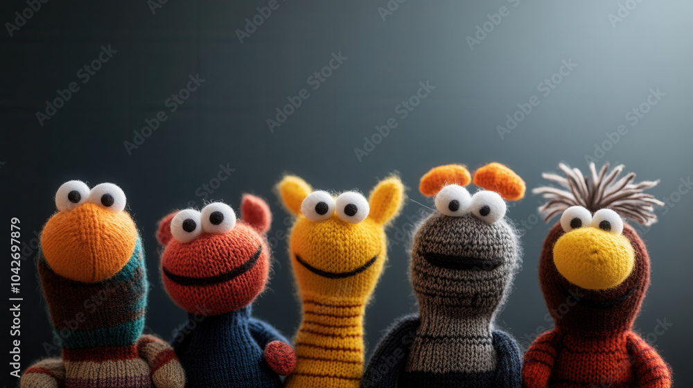 Poster playful sock puppet characters in vibrant colors, showcasing creativity and fun. these whimsical pup