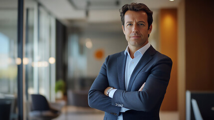 Fototapeta premium A businessman, arms crossed, standing in a sleek, modern office, exuding calm confidence.