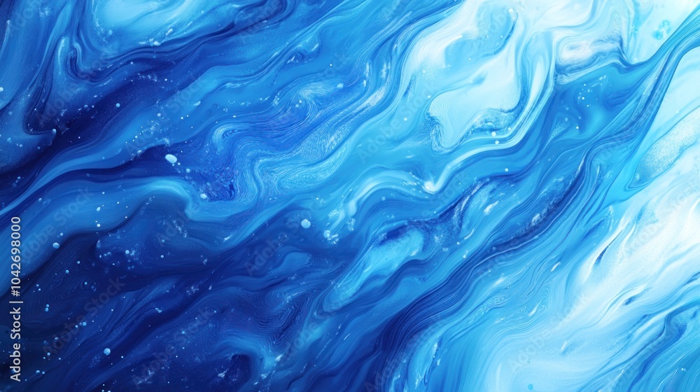 Poster abstract blue and white liquid marble background with flowing patterns and white dots.