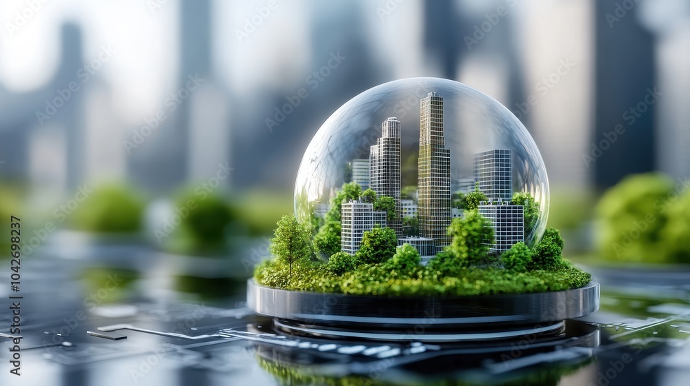 Poster exploring the future of sustainable architecture integrating nature and urban design in a changing e