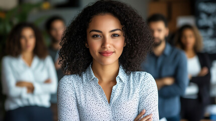 A businesswoman with a slight smile, arms folded, standing in front of her team in a brainstorming meeting.