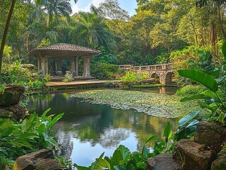 Fototapeta premium Immerse Yourself in a Tropical Paradise: Stunning Panoramic Poster of a Serene Pond, Lush Foliage, and Rustic Bridges - Perfect for Sporty Interiors or Relaxing Spaces!