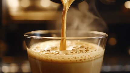 Coffee Pouring into a Glass with Frothy Top and Steam