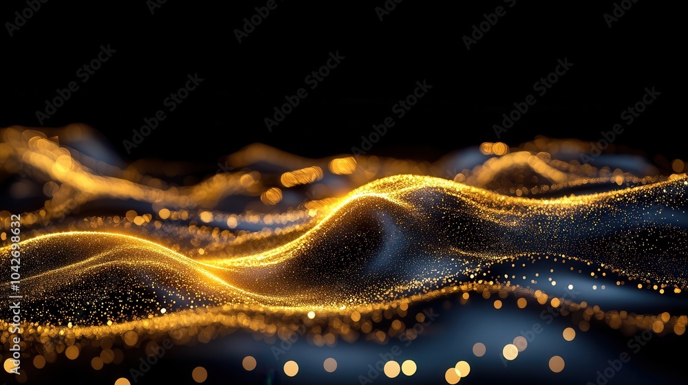 Poster captivating digital gold particles creating waves of light in an abstract background design