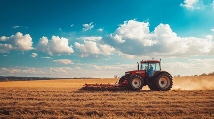 Obraz premium Red Tractor Working in a Field