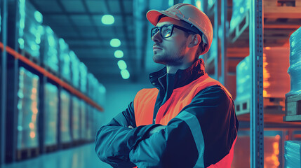 Obraz premium A logistics engineer, arms crossed, supervising the movement of goods through a distribution center.