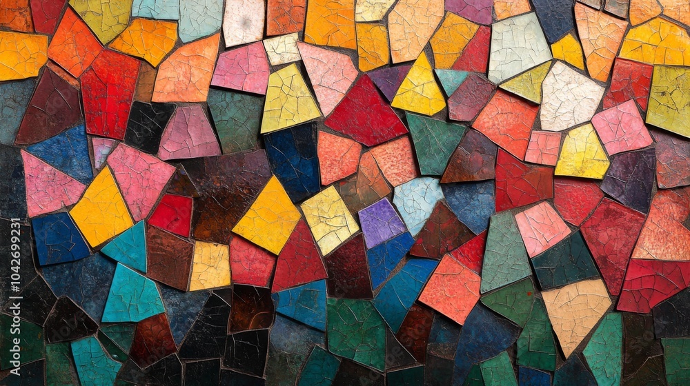 Aufkleber This artwork features a colorful mosaic composed of various abstract shapes. The vibrant colors interplay against a textured background, creating an eye-catching display of artistry.