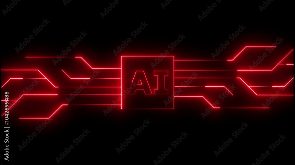 Aufkleber ai chip with red neon letters glowing on a circuit board with blue neon lights.ai processor chip on 