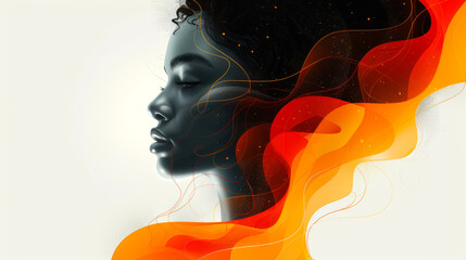 Portrait of a woman with black hair, shining stars and fiery flashes. March 8th. Women's Day. The image is abstract, there is something dreamy and surreal about it. Beauty salon