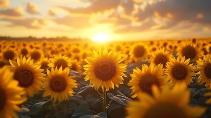 Fototapeta premium A field of sunflowers basking in the golden glow of a setting sun.