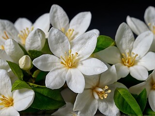 close up photo of beautiful jasmine flowers with white wall background