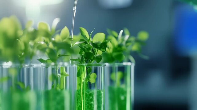 Scientist in laboratory conducts research on plant growth using test tubes and pipette, adding green liquid to enhance biotechnology and nurture nature.