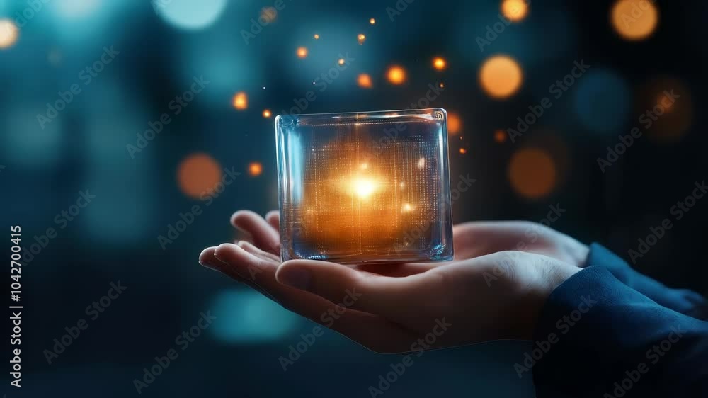 Poster glowing cube in hand warm light of magic and energy surrounded by futuristic bokeh illumination tech