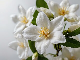 Obraz premium close up photo of beautiful jasmine flowers with white wall background
