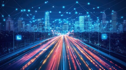 Fototapeta premium A futuristic cityscape with light trails and digital connections, symbolizing technology and transport.