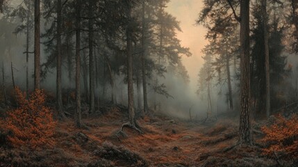 Obraz premium A misty forest scene with trees and autumn foliage, evoking a sense of tranquility.