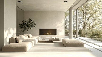 Minimalist living room with large windows, a fireplace, and a beige sofa.