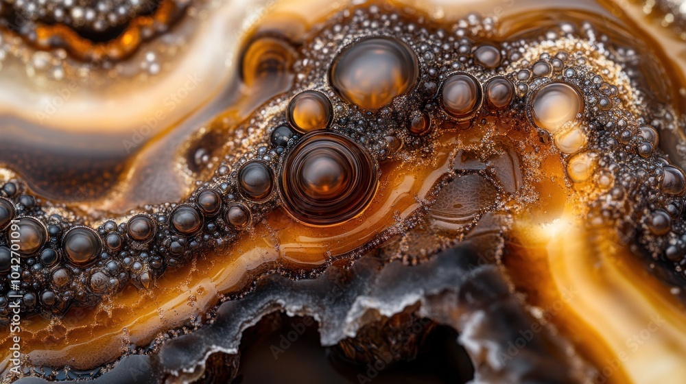 Poster abstract macro close-up of brown liquid with bubbles and swirls.