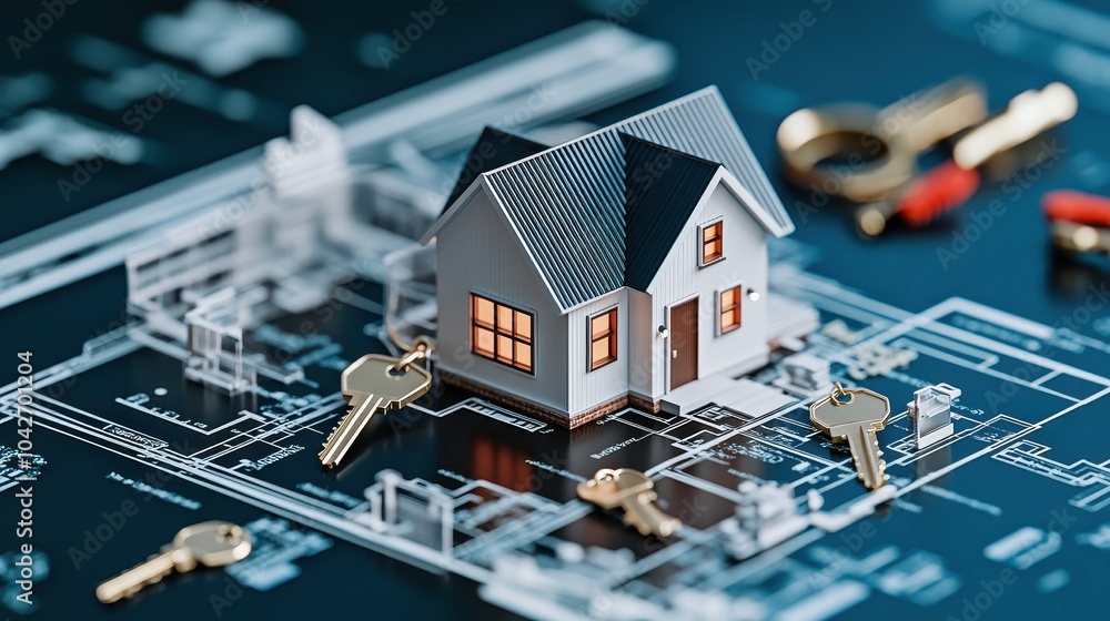 Poster close-up conceptual image of a tiny architectural home on blueprints with keys