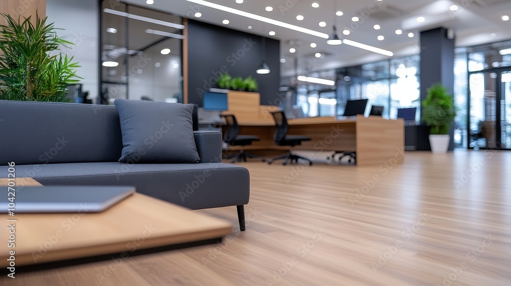Poster blurred image of modern office interior with shallow depth of field emphasizing contemporary design 