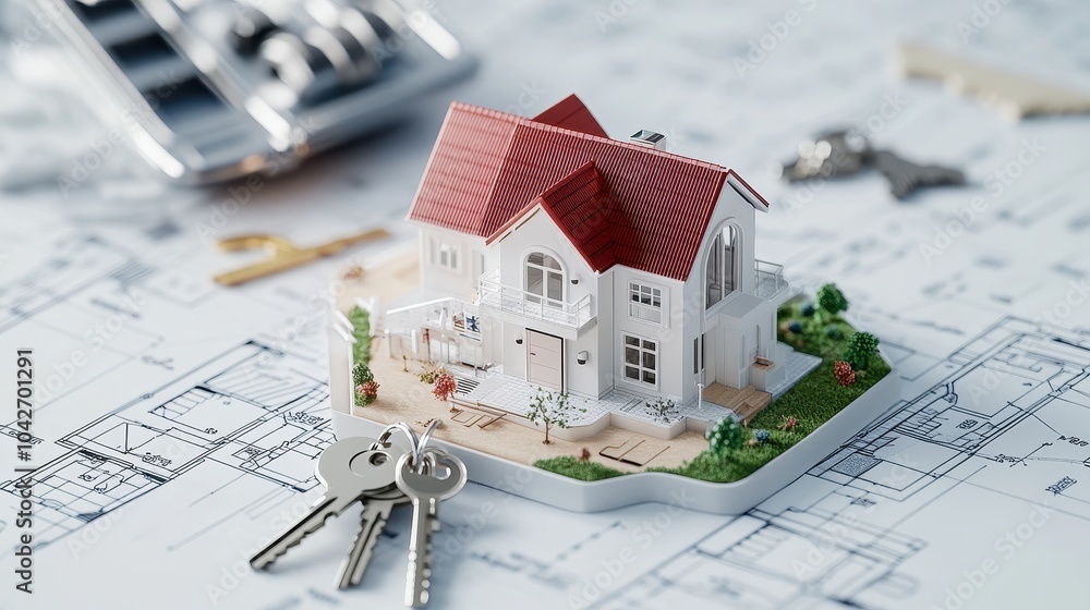 Poster intricate close-up of a miniature architectural home with keys on blueprint background