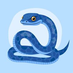Cute blue snake on a light blue background. New Year of the Snake, Lunar New Year or Chinese New Year. Animal zodiac cartoon character, mascot, symbol of the year. Illustration for greeting card.